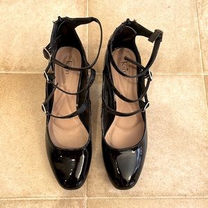 BRAND NEW black patent low heeled shoes with 3 straps